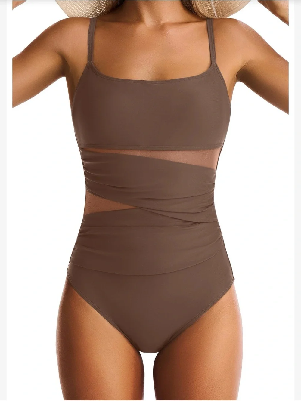 Scoop Neck One-Piece Swimsuit - Brown
